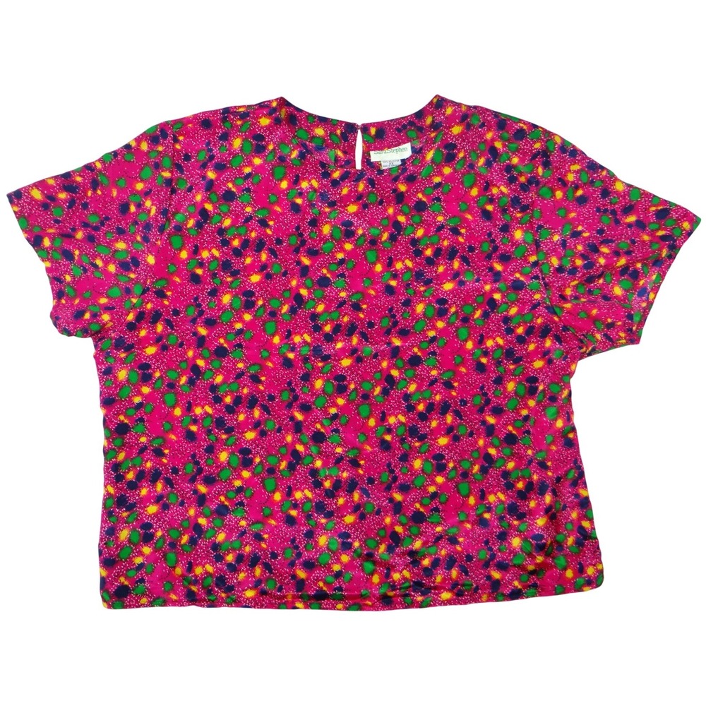 Sara Stephen Womens 2X‎ Pink Floral Print Short Sleeve Button Back Blouse Top